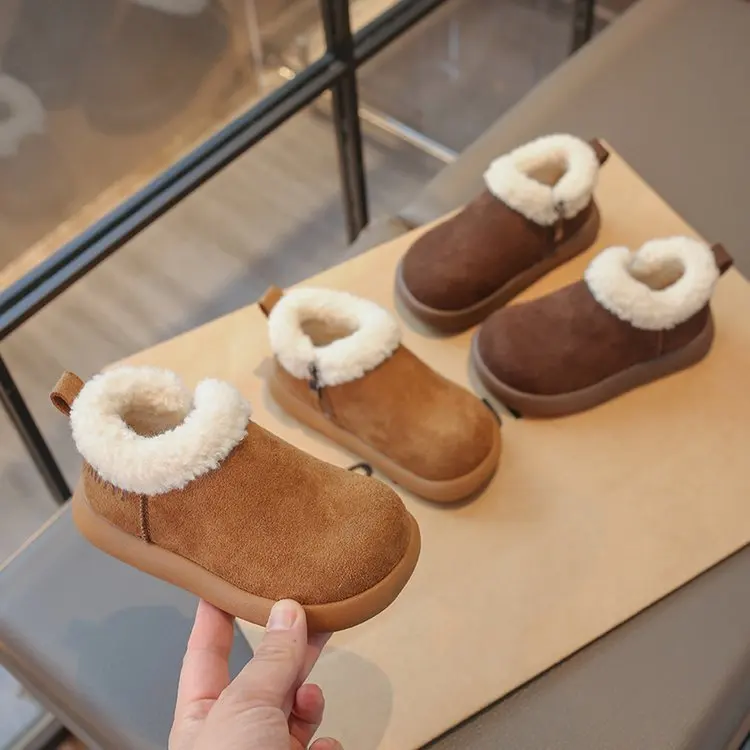 2026 New Winter Baby Snow Boots Leather Warm Plush Little Boys Shoes Non-slip Fashion Toddler Girls Boots