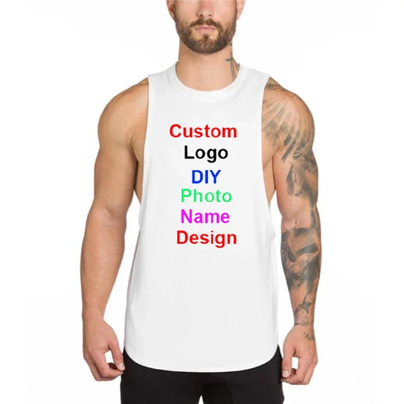 Brand Logo Custom DIY Summer Mens Cotton Gym Tank Top Bodybuilding Open Side Sleeveless Shirt O neck Fitness Clothing