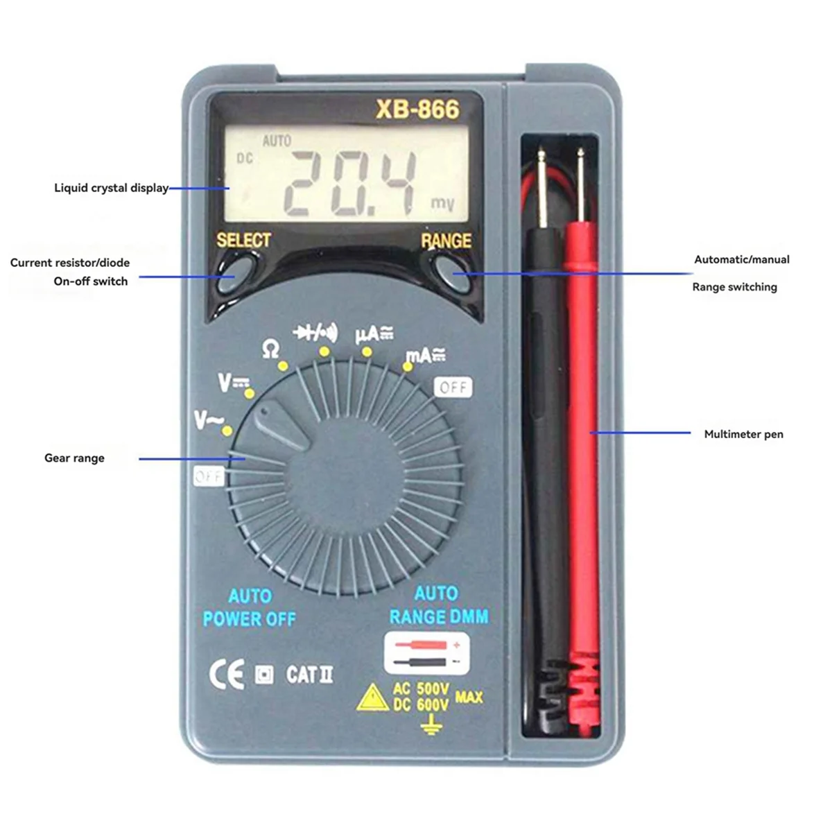 2025 + XB866 أداة اختبار الفولتميتر LCD صغيرة المدى للسيارات التيار المتناوب/لجيب تيار مستمر رقمي متعدد الوقت