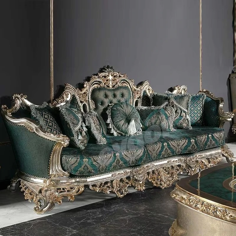 Royal European Luxury Classic Solid Wood Carved Fabric Sectional Sofa Sets Vintage Living Room Furniture Traditional Sponge