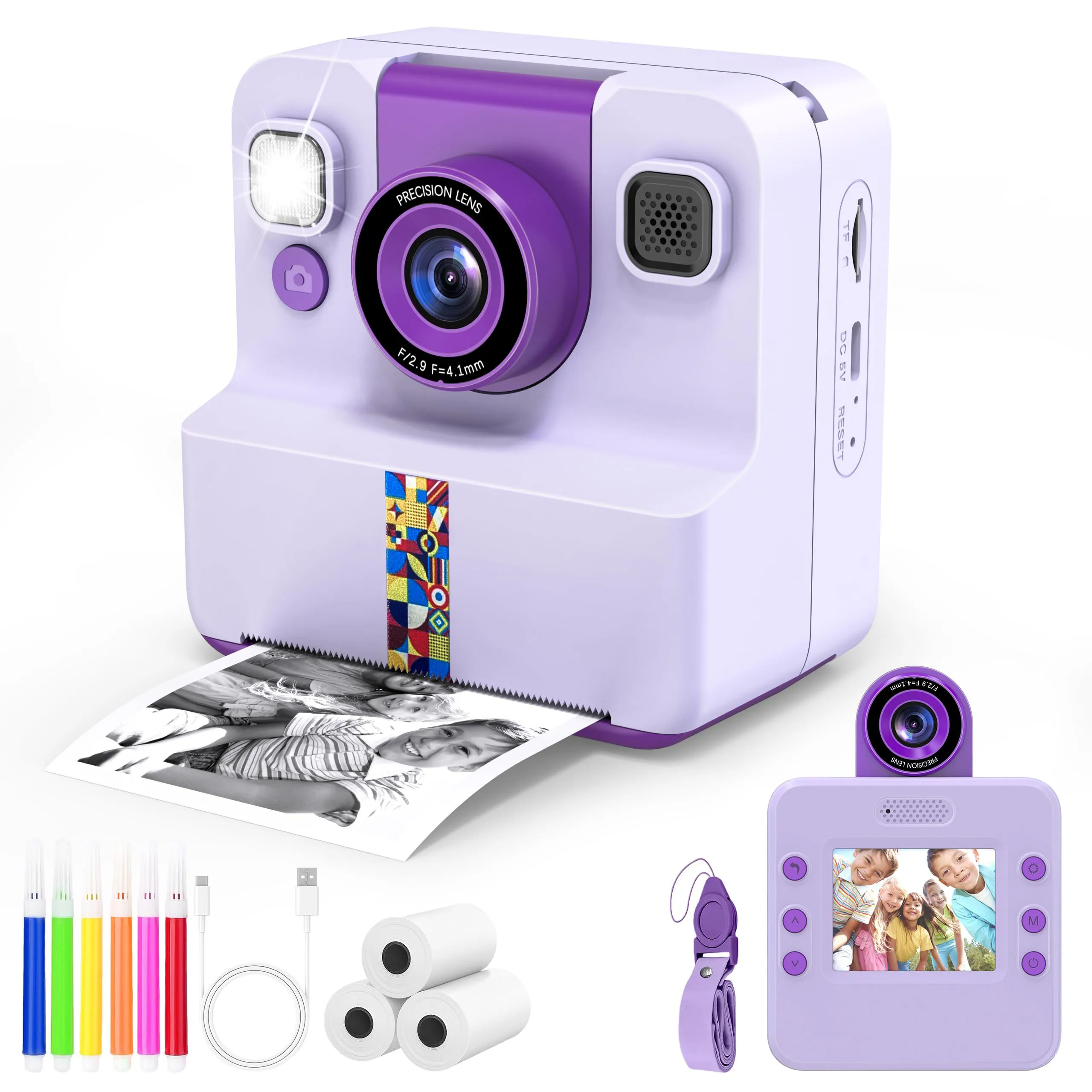 Kids' Camera with Dual Front and Rear Cameras 48MP 1080p HD Dual front and rear cameras, five educational games Christmas, Hallo