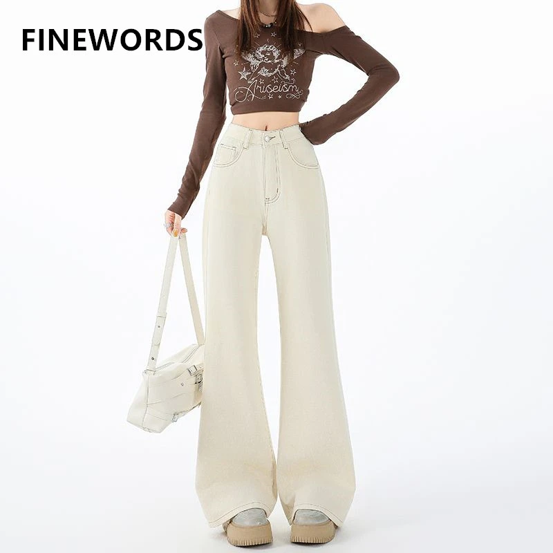 

FINEWORDS Vintage Causal High Waist Jeans Women Korean Flared Jeans Streetwear Easymatch Full Length Harajuku Bell Bottom Jeans