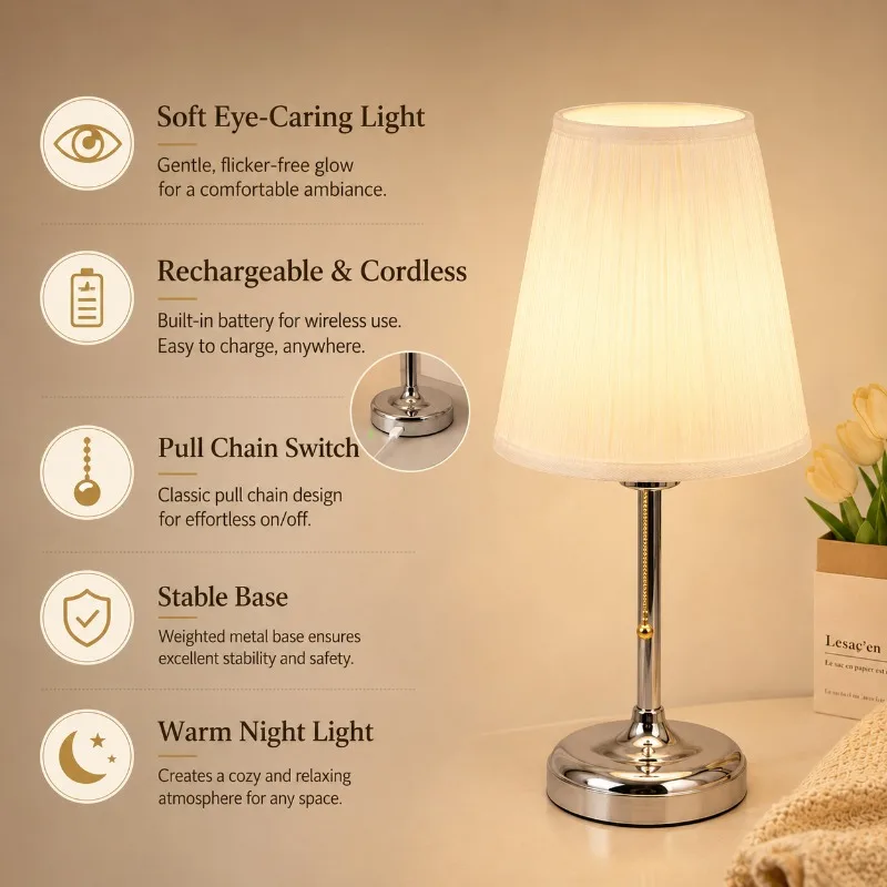 Vintage American European Style Pull Chain Table Lamp Eye-Care Nightstand Light for Bedroom Living Room Home Decor Rechargeable