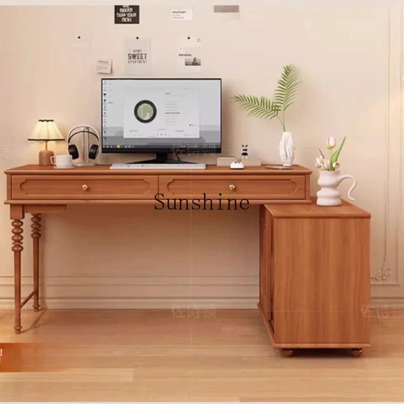 

Medieval style double computer desk corner L-shaped desktop solid wood bookcase integrated household bedroom small apartment