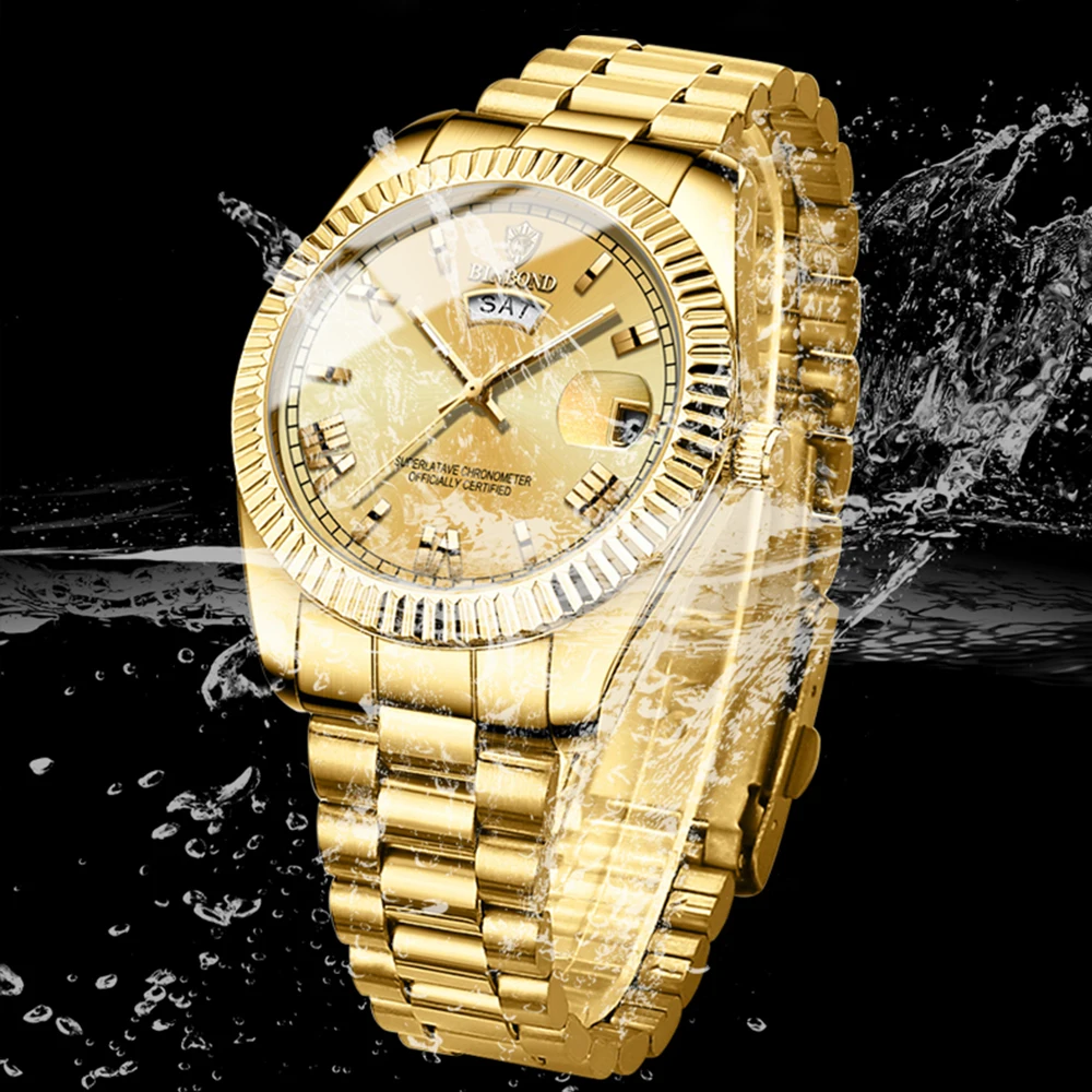 Stainless Steel Day-Date Watch for Men Famous Brand Vintage Luminous Waterproof Quartz Watches Luxury 18K Gold Original Relojes