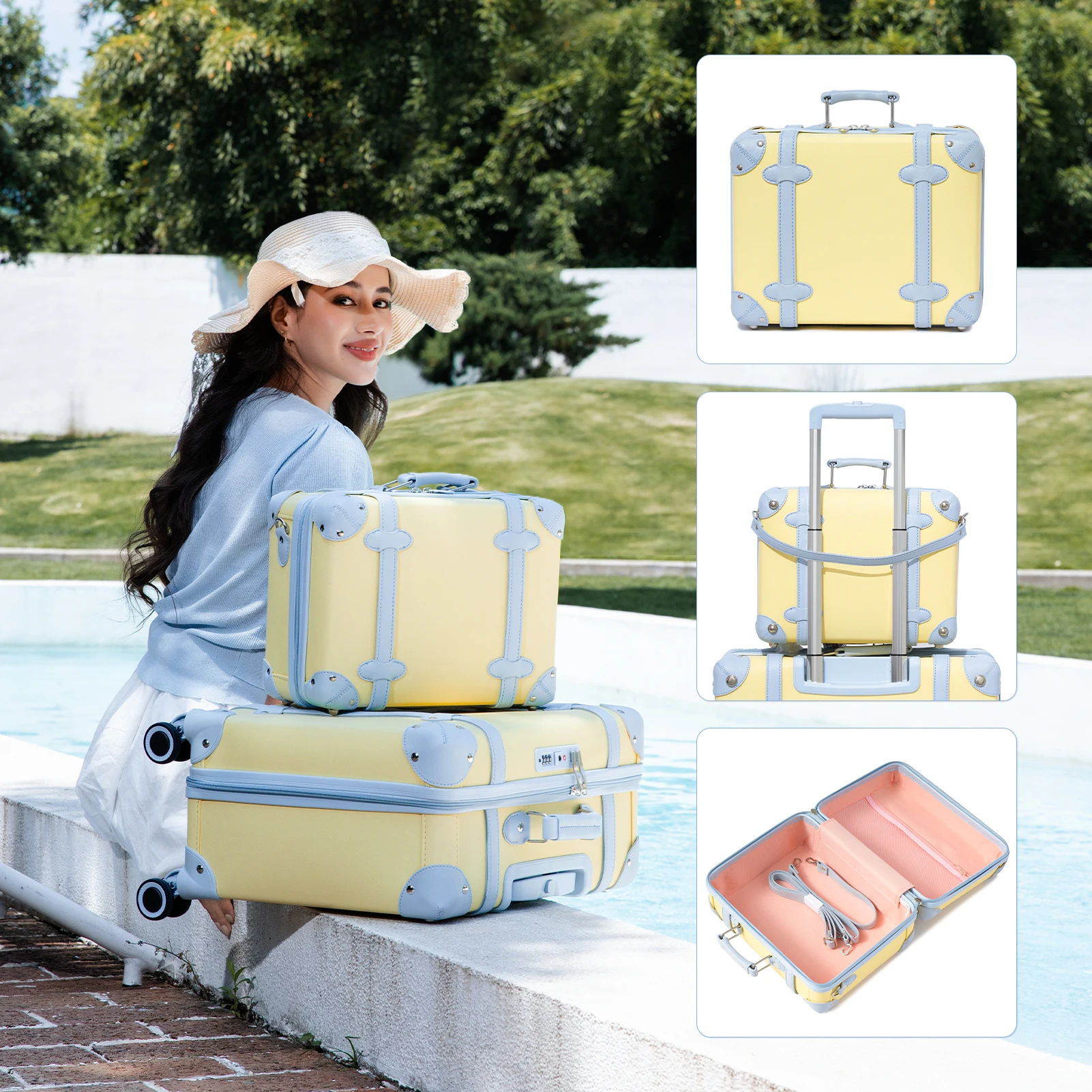 Urecity Trolley Suitcases 2Pcs Retro Carry-On Luggage With Wheels Stylish Vintage Boarding Case Travelling Bags For Luggage