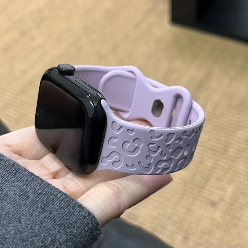 Engraved Leopard Pattern Silicone Strap For Apple Watch Series 11 10 9 8 7 6 5 SE Ultra Fits 49-38mm Lightweight Soft Women