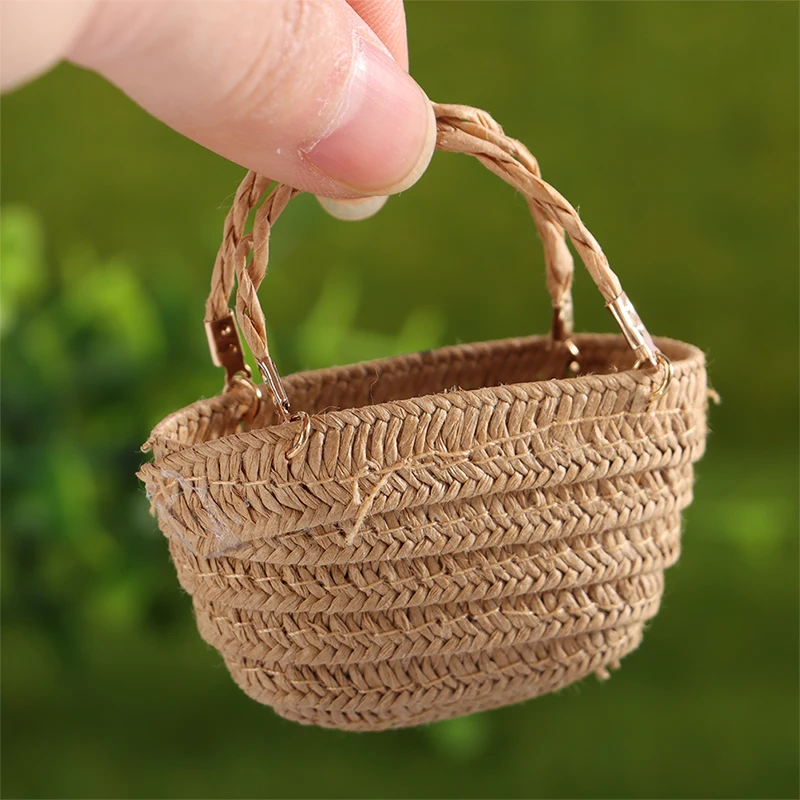

1/12 Dollhouse Woven Storage Shopping Basket Straw Handbags Dollhouse Weaving Beach Bag For Dolls Miniature Fashion Decoration