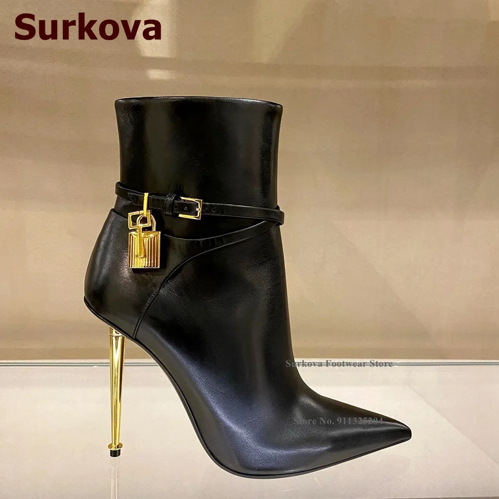 

Surkova Golden Metal Stiletto Heel Padlock Ankle Boots Black Matte Nude Suede Pointed Toe Short Booties Metal Decroated Buckle