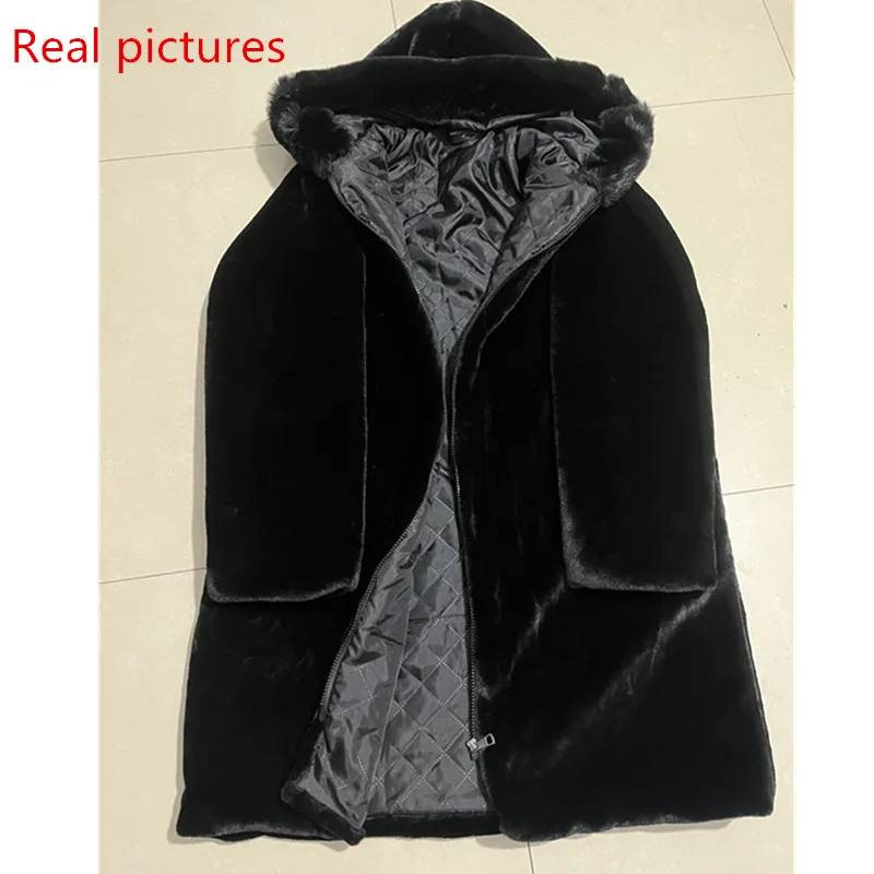 2024 New Winter Faux Fur Jacket Black Hooded Parkas Coat Thicken Ladies Warm Long Overcoat 5XL Windproof Snow Outerwear Female