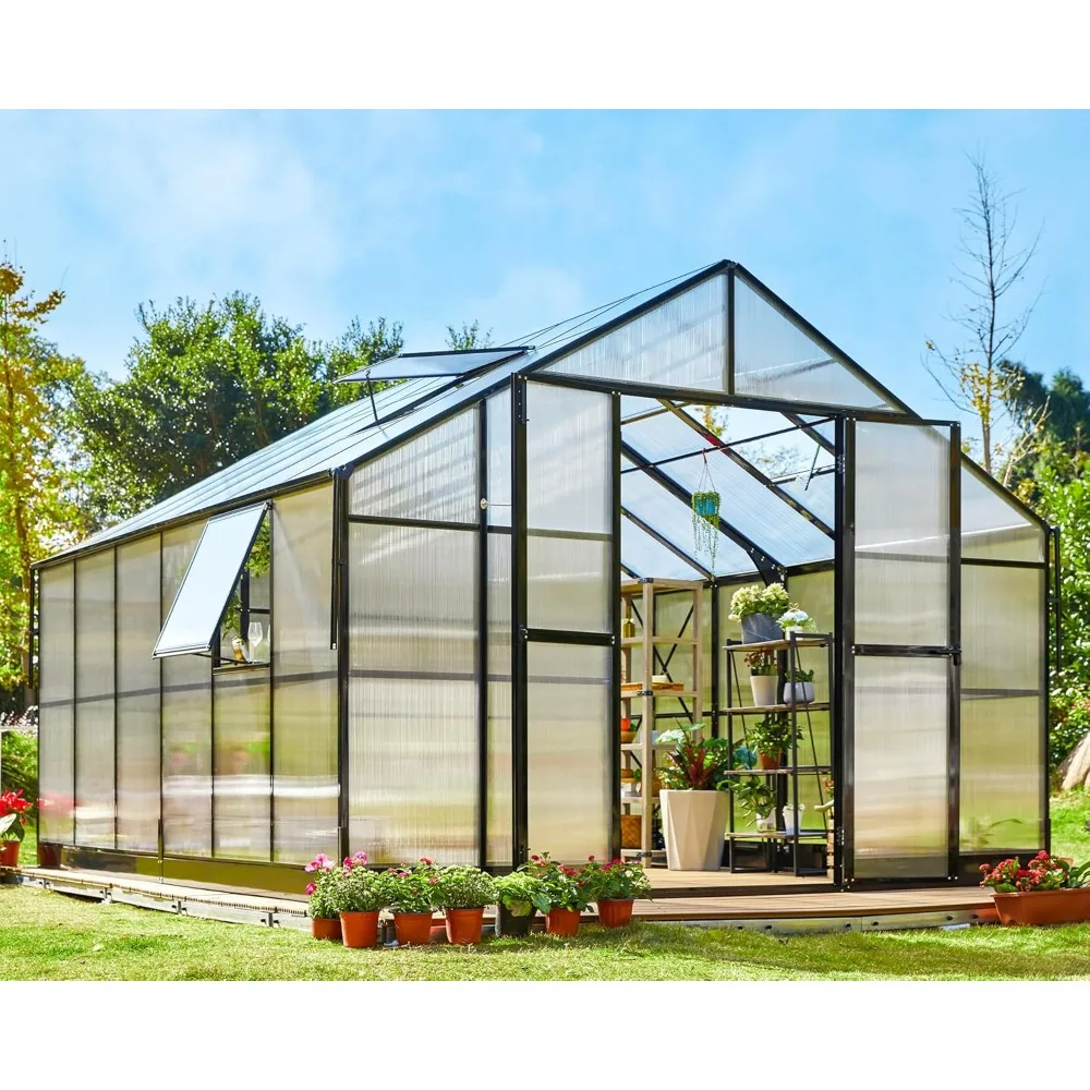 

12x13.5x9 FT Polycarbonate Greenhouse - Aluminum Greenhouse with Quick Connect Fittings, 6.7 FT Height Double Doors, Greenhouse