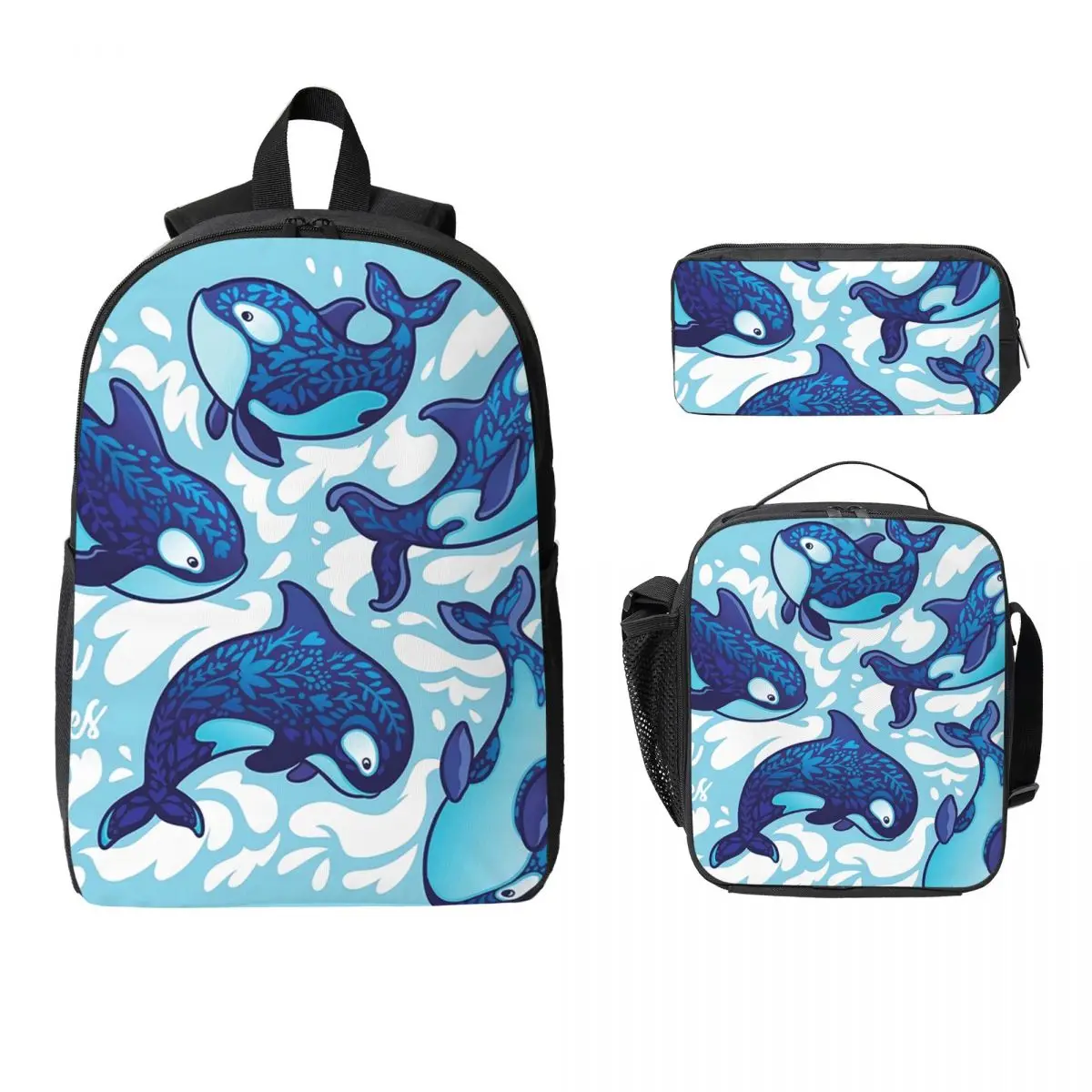 

Orca Whales Backpack Student Boys Girls BookBag School Bag Laptop Shoulder Bags 3ps Insulated Lunch Bag Pencil Case
