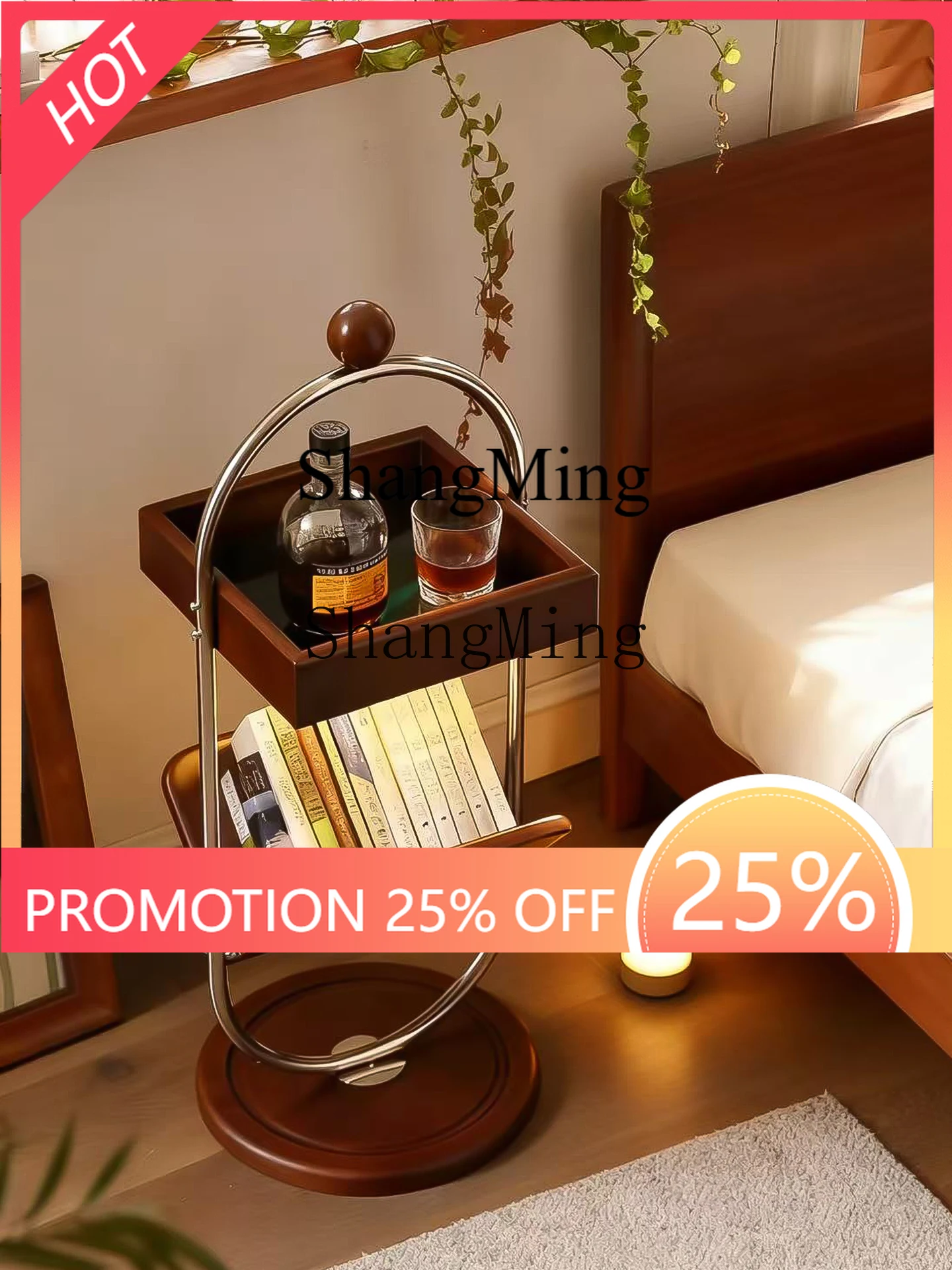 

ZYY medieval style solid wood bedside table small apartment movable sofa edge narrow retro corner coffee table newspaper shelf