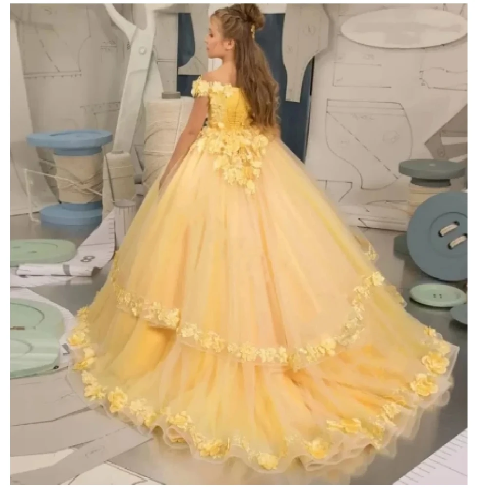 

Tulle Puffy Flower Girl Dress Yellow Applique Floor Length Pageant Prom Gown Child Birthday Wedding Holy Communion Dresses