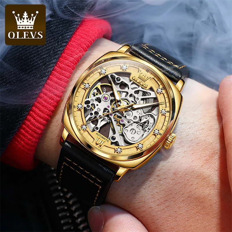 OLEVS Automatic Watch for Men Square Vintage Skeleton Mechanical Dial Leather Luxury Brand Men's Watches Fashion Reloj Hombre