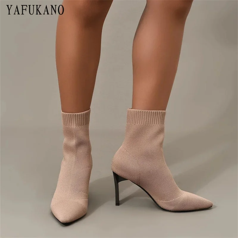 Minimalist Knit Design Chunky Sock Boots Metal Blade Heels Women Stretch Fabric Elastic Pointed Toe Ankle Boots Plus Size 34-41