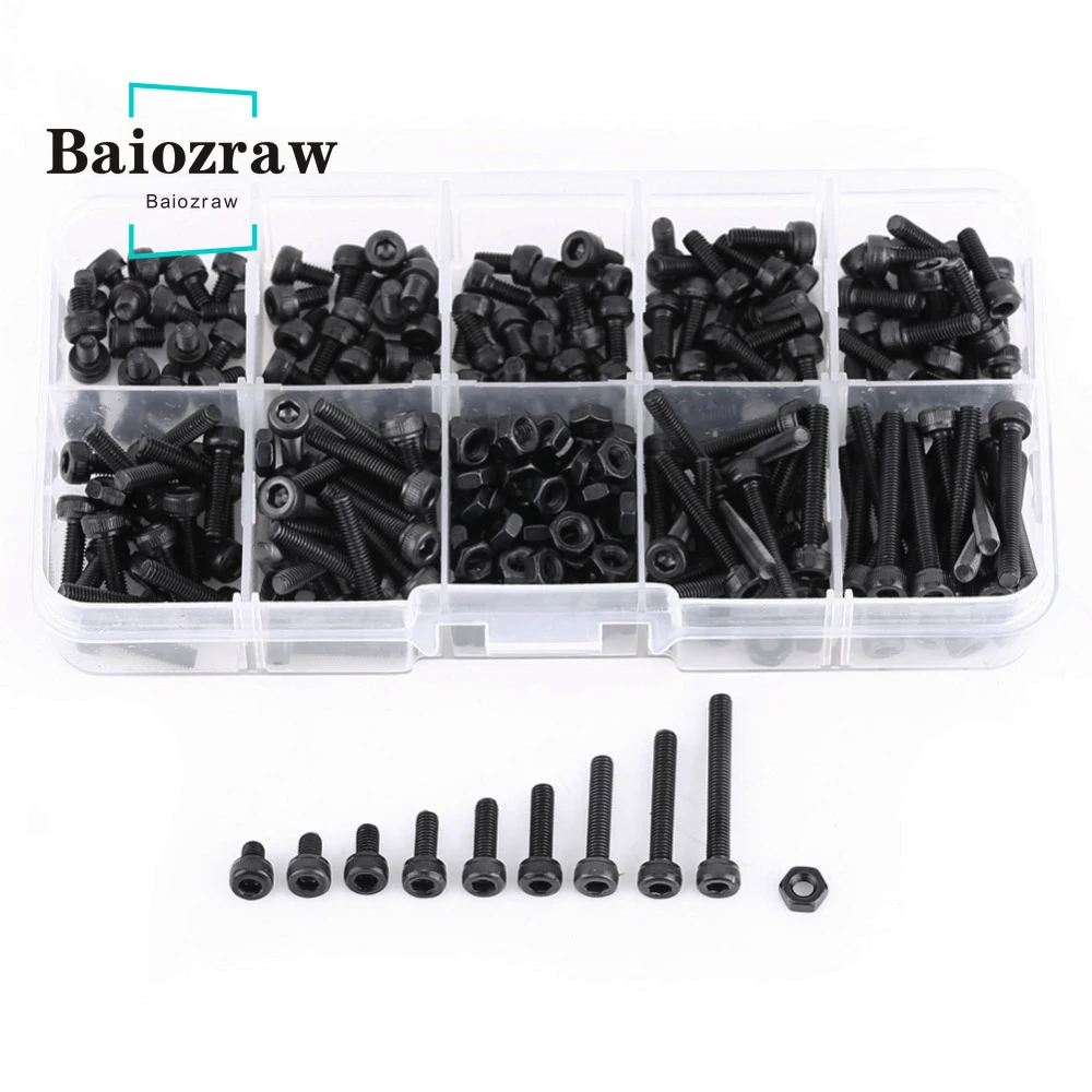 3D Drucker Schraube 280 Teile/satz M3 Kappe Kopf Innensechskant-schraube Schraube Mutter DIN912 Schwarz Stahl Hexagon Zylinder Bolzen Kits