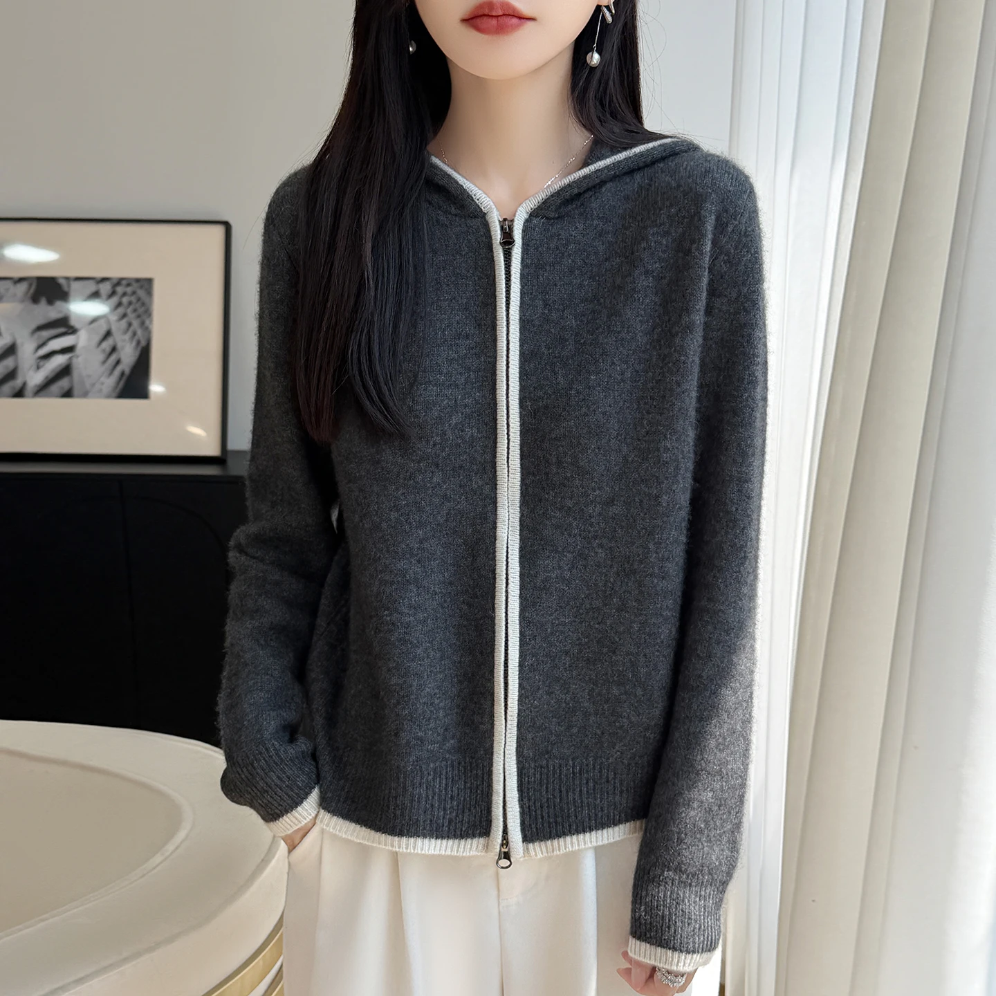 100% pure wool sweater knitted sweater women's round neck flower long-sleeved loose thickened cashmere sweater