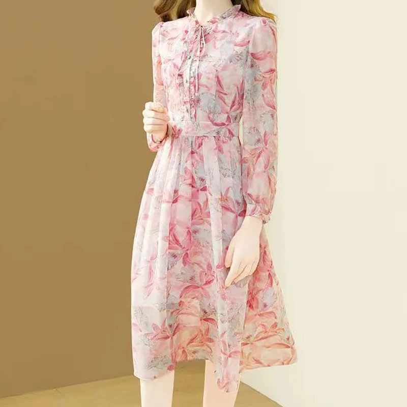 EVNISI Autumn Women Elegant Floral Printing Chiffon Dress Casual Slim Office A-line Dresses Lady Party Ruffles Fairy Vestido