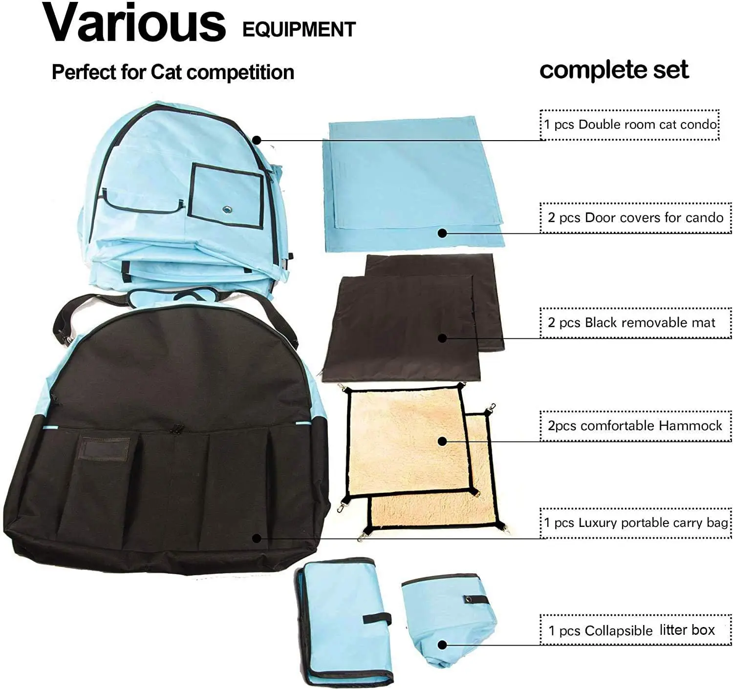 Portable Twin Compartment Show House Cat Cage/Condo - Easy to Fold & Carry Kennel - Comfy Puppy Home & Dog Travel Crate with Portable Carry Bag/Two Hammocks/Mats and Collapsible Litter Box