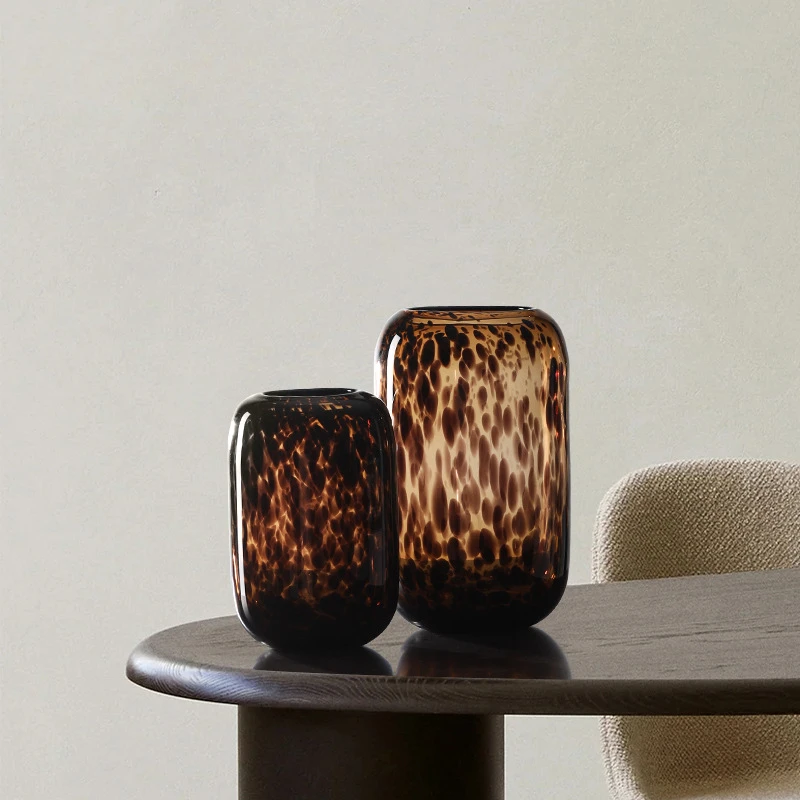 

Vintage Amber Leopard Print Glass Vase Home Design Soft Decoration Hydroponic Flower Pot Plant Living Room Decoration Art