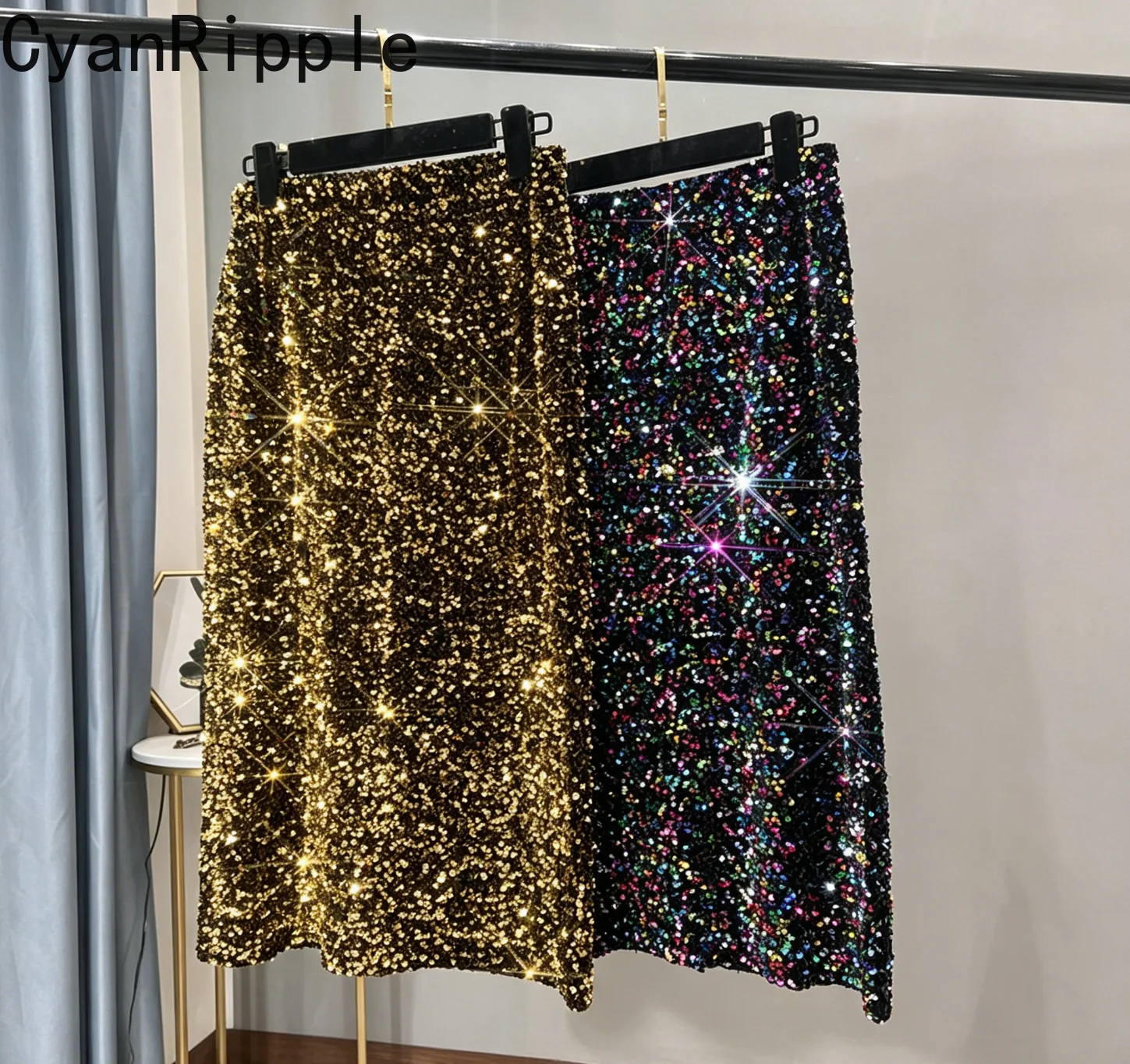 

Blingbling New Autumn Winter All-match Mid-long Bodycon Skirt Colorful Sequins Elastic High Waist Slimming Lady Pencil Skirts