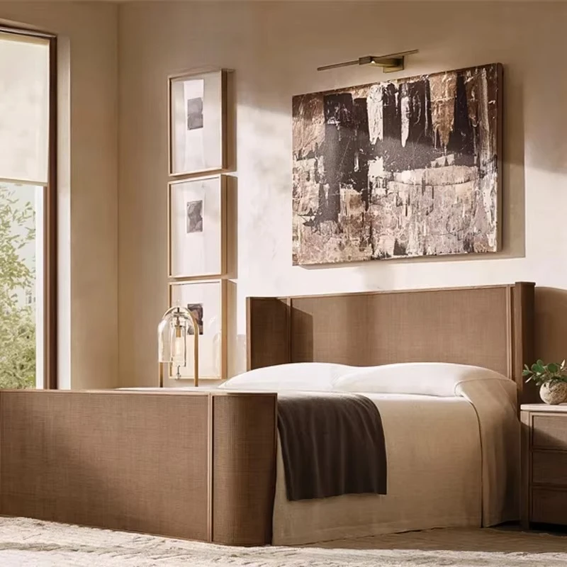 Luxury Oak Double Bed Villa Bedroom Upholstered Bed Apartment Bedroom Solid Wood Bedresort Hotel Guest Room Furniture Set