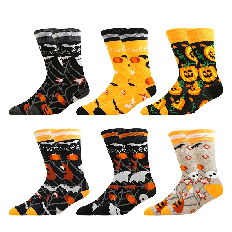 

6 Pairs/Pack Halloween Skull Ghost Claw Printed Socks for Men and Women Sweat-Absorbing Autumn Winter Fun Mid-Calf Socks