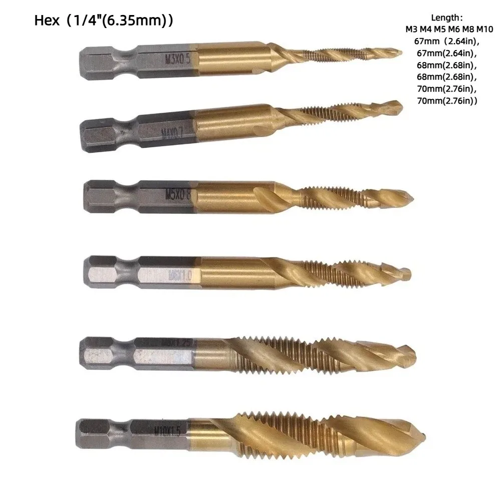 6pcs Durable HSS 4341 Threaded Drill Taps Ti-Plating Titanium Coated Drill Tap Set High-Speed Steel Screw Drill Tap Tapping