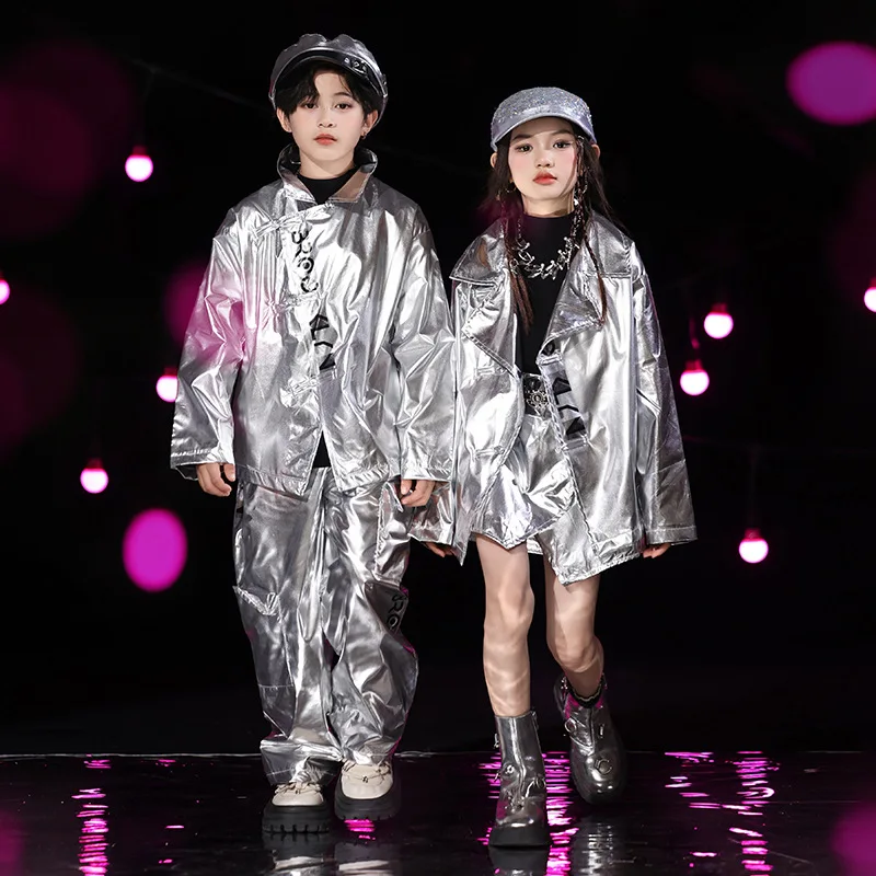 

2025 Children Jazz Dance Performance Costumes For Girls Silver Sequins Outfits Streetwear Boys Hip Hop Stage Clothes DQS18572