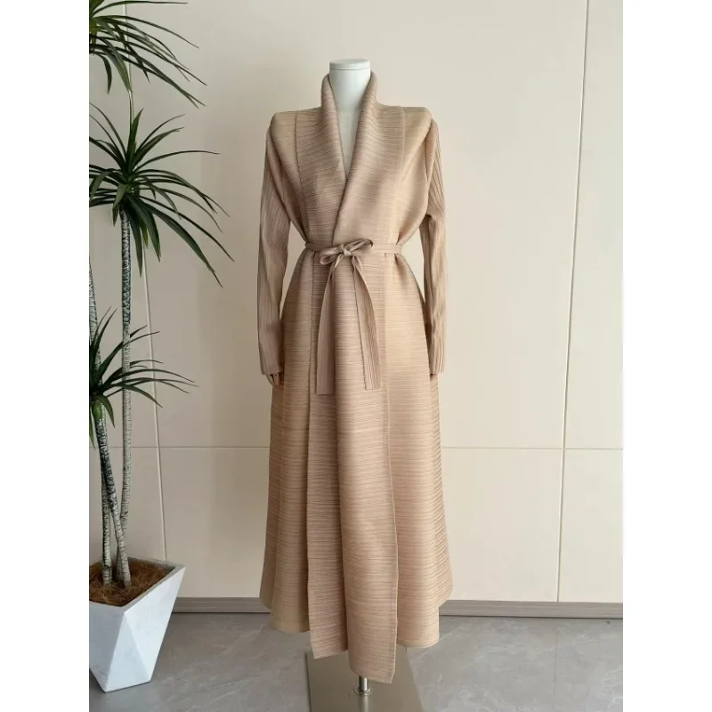 Miyake Pleated Solid Color Windbreaker Coat Women, Extended Length, High-end Middle Eastern Women's Loose Large Size Robe Coat