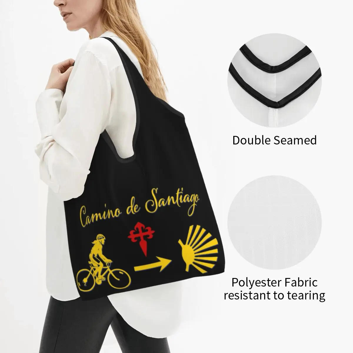 Funny Print Camino De Santiago Tote Shopping Bags Portable Shopper Shoulder Bicycle Scallop Shell Handbag