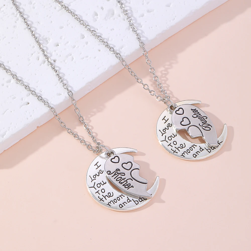 Cute Broken Heart Mother Daughter I Love You To The Moon And Back Charms Pendant Necklace Set For Family Love Mother\'s Day Gift