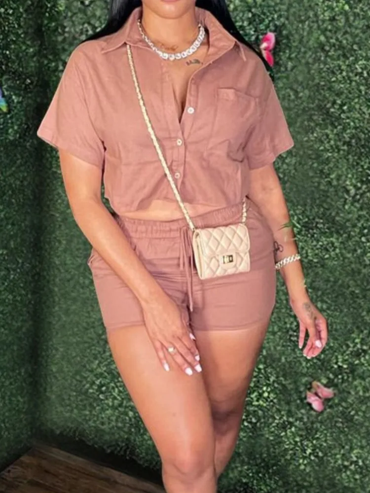 

Summer Fashion Women Two Piece Sets Solid Cotton Short Sleeved Crop Top Elastic Pocket Shorts Outfits Female Casual Ladies Suits