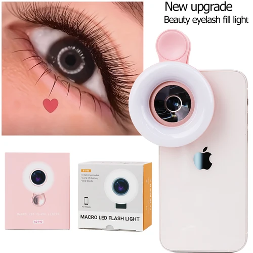 Imagen 1 del producto Lente Macro HD 2 en 1 para lente de cámara de teléfono móvil con anillo LED, lámpara de luz de Flash, luz de relleno para herramientas de maquillaje de uñas y pestañas