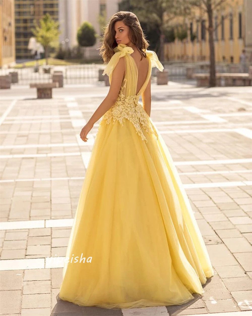 Jiayigong  Tulle Draped Applique Pleat Party A-line V-Neck Bespoke Occasion Gown Long Dresses Saudi Arabia