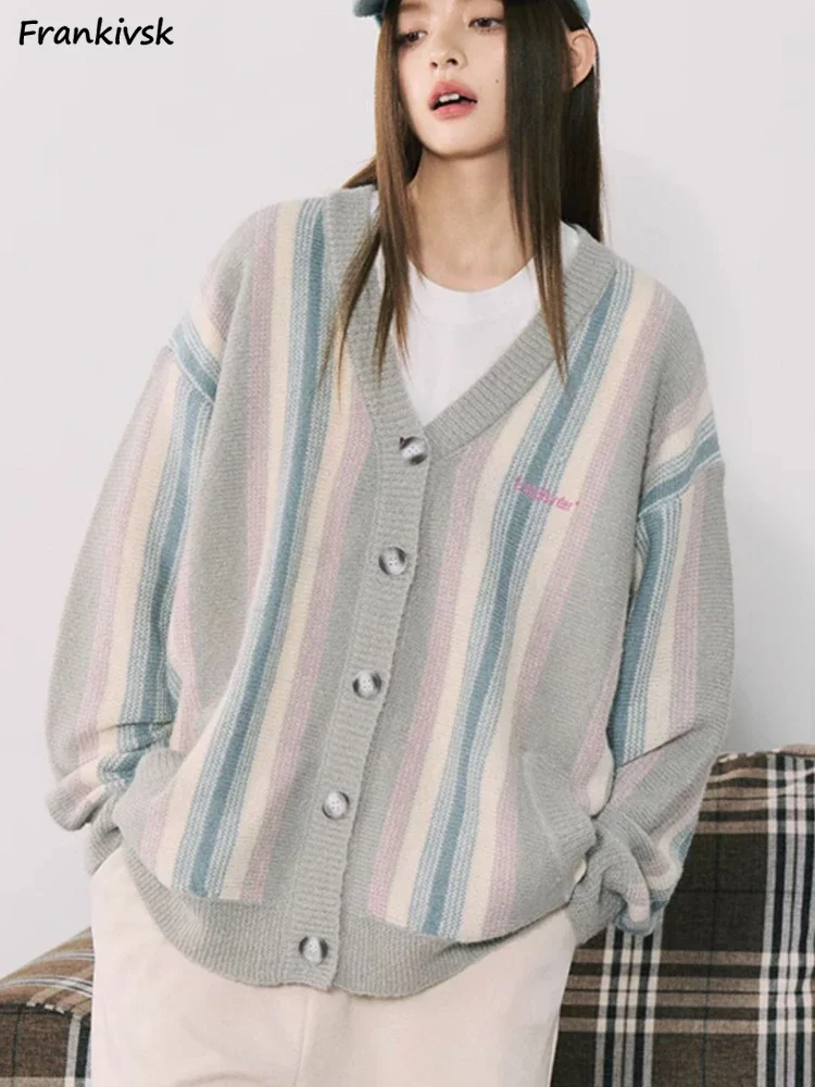 Sweaters Women European Style All-match Preppy  Striped Couple Cardigan Streetwear Youthful Popular Autumn Fashion Knitwear