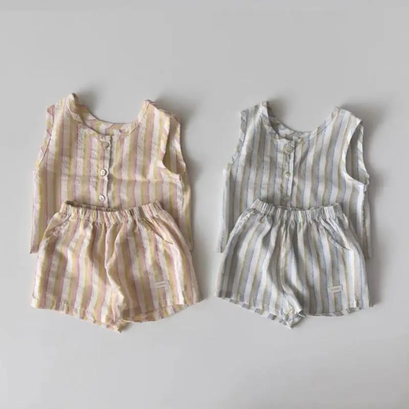 

2025 Summer New Baby Sleeveless Clothes Set Infant Boy Cute Striped Vest + Shorts 2pcs Suit Toddler Girl Cotton Casual Outfits