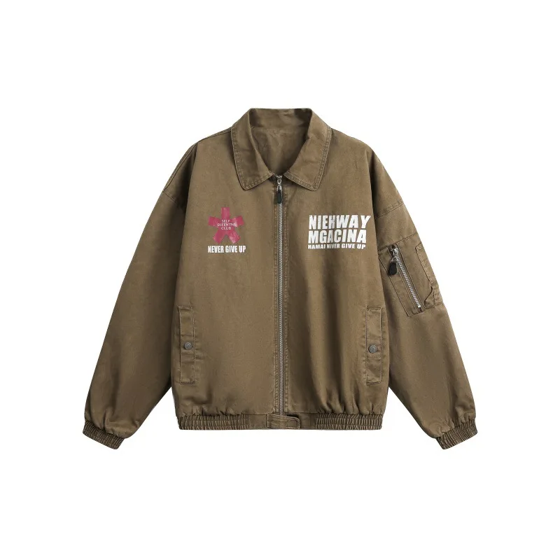 سترات عمل للرجال من قماش الدنيم المغسول بالقطن 100%، سترة خارجية بتصميم طباعة حروف قديمة للرجال، معاطف رجالية كبيرة الحجم