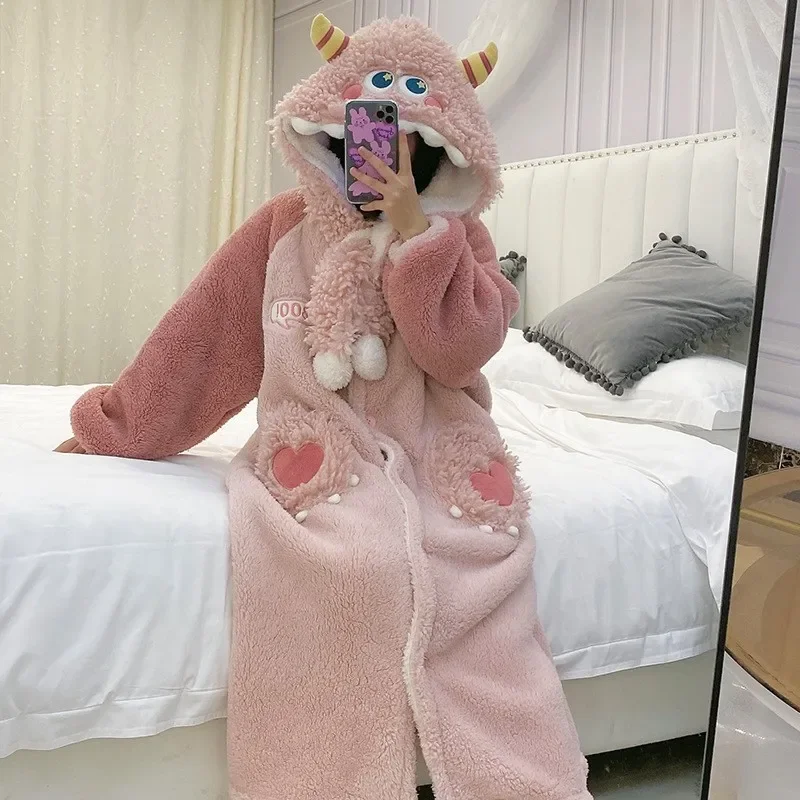 Monster Coral Velvet Robes For Women Mid Calf Hoodied Pajamas Onesie Cartoon Long Halloween Bathrobe Sleepwear For Girl pijamas