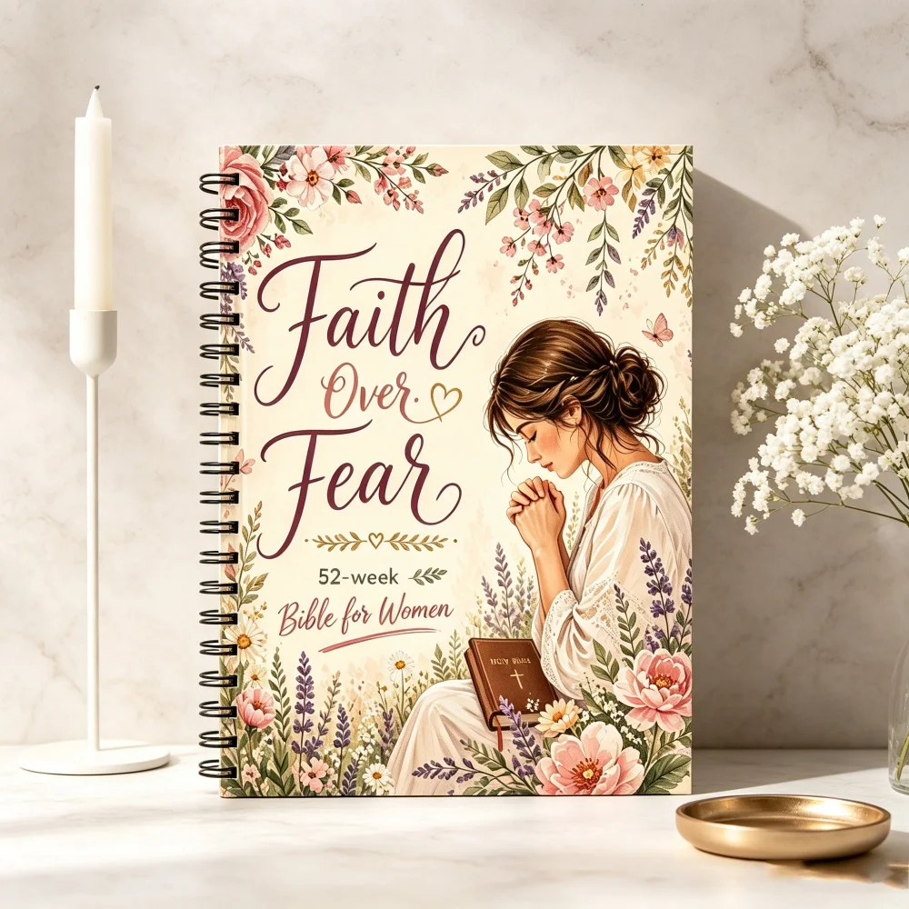 Journal de prière dévotionnel pour femmes sur 52 semaines, carnet de prière floral « Foi au-dessus de la peur », planificateur d'étude biblique pour femmes, motif floral vintage S