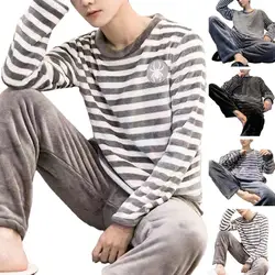 Men Pajamas Cozy Men's Winter Pajama Set Striped Round Neck Thick Coral Fleece Elastic Waist Warm Homewear Sleepwear for Fall