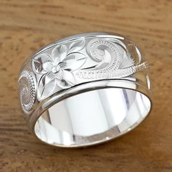 Huitan Carved Floral Flower Pattern Wide Ring for Women Silver Color Trendy Female Finger Accessories Fashion Versatile Jewelry