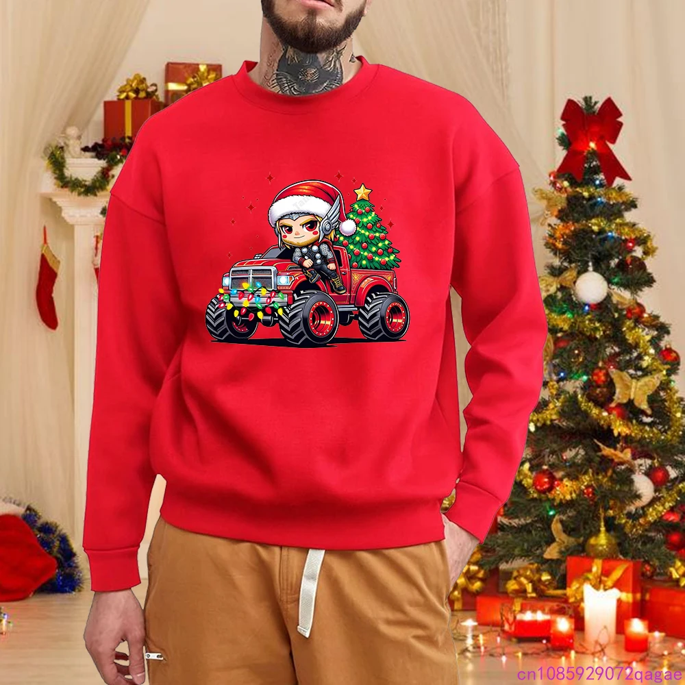 

New Men's Thor Christmas Truck Christmas Tree Print Sweatshirt Outdoor Long-Sleeve Crew Neck Christmas Pullover Top