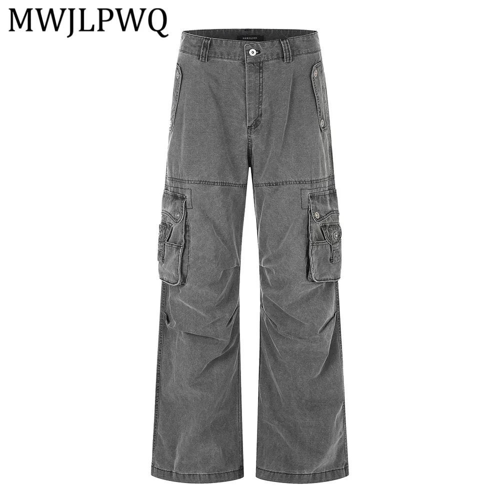 MWJLPWQ Punk-Style Distressed Washed Straight-Leg Work For Men Vibe Trendy Pleated Design Multi-Pocket Wide-Leg Pants New 16023