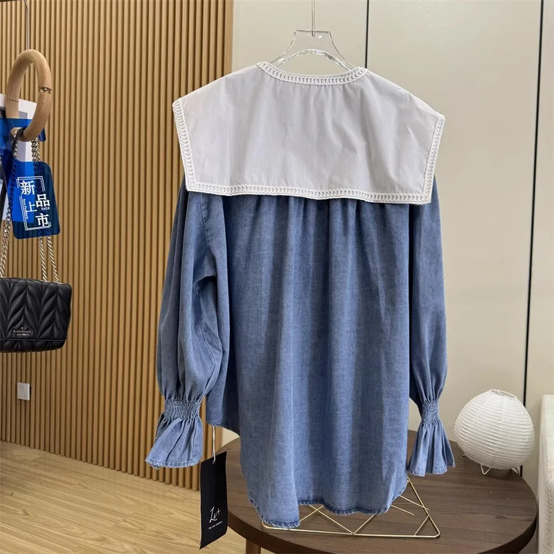 

French Navy Collar Butterfly Embroidery Rhinestone Denim Flared Shirt Design Sense Long Sleeve Top Youthful