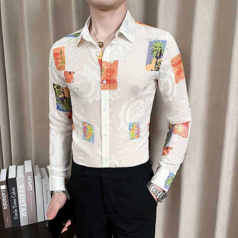 Sexy Long-sleeved Men's Transparent Shirt Summer Spring Paisley Mesh Hawaiian Printed Male Shirts Night Club Party Blouse Men