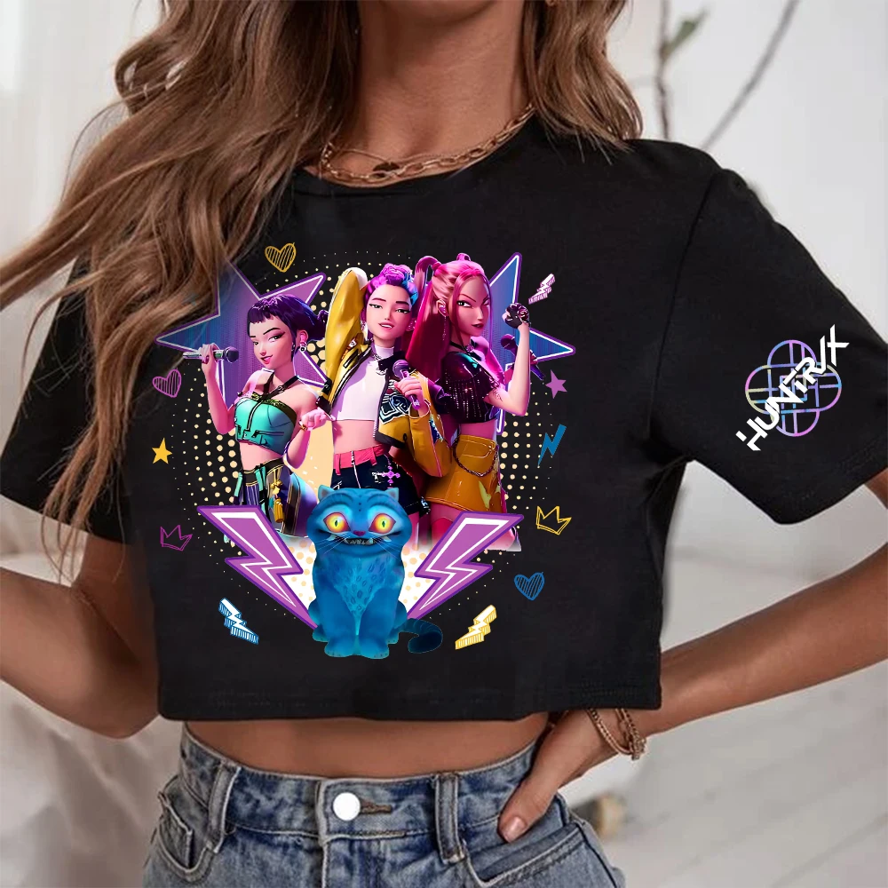 

Kpop Demon Hunters Fanmerch Mira Rumi Zoey Huntrix укороченные топы подарок для фанатов женские футболки с круглым вырезом