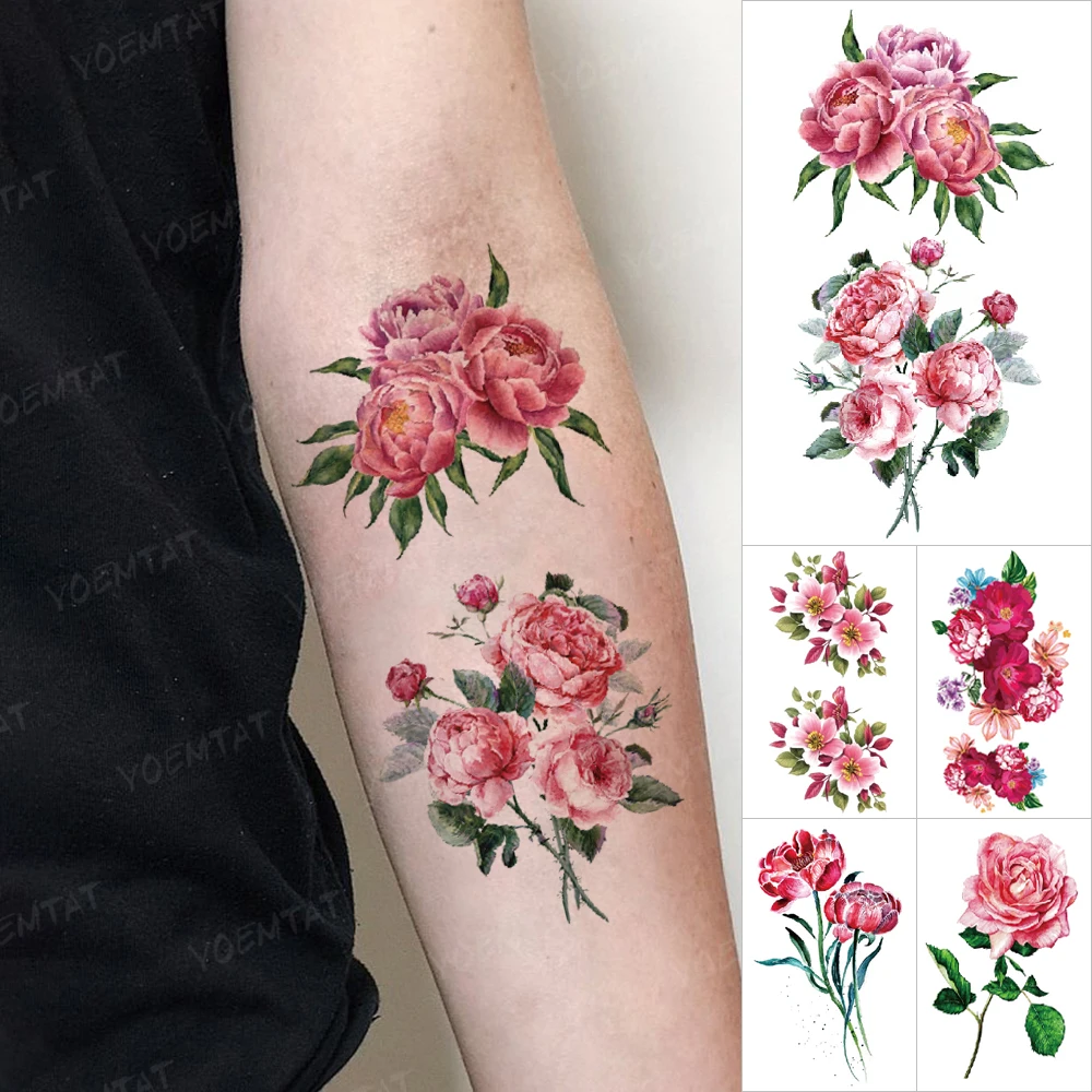 Realistic Peony Rose Ink Waterproof Temporary Tattoo Sticker Color Body Art Women Men Arm Wrist Small Tattoos Kids Children Tatt