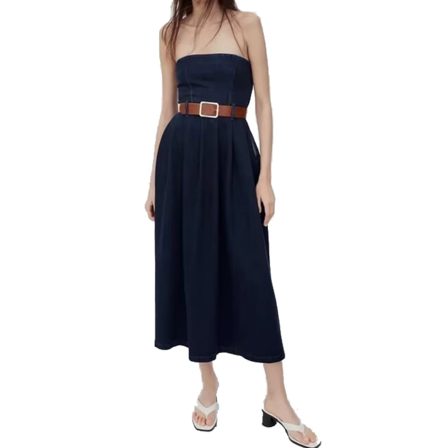 Women's new long dress with belt, strapless and backless fashion, sexy denim dress